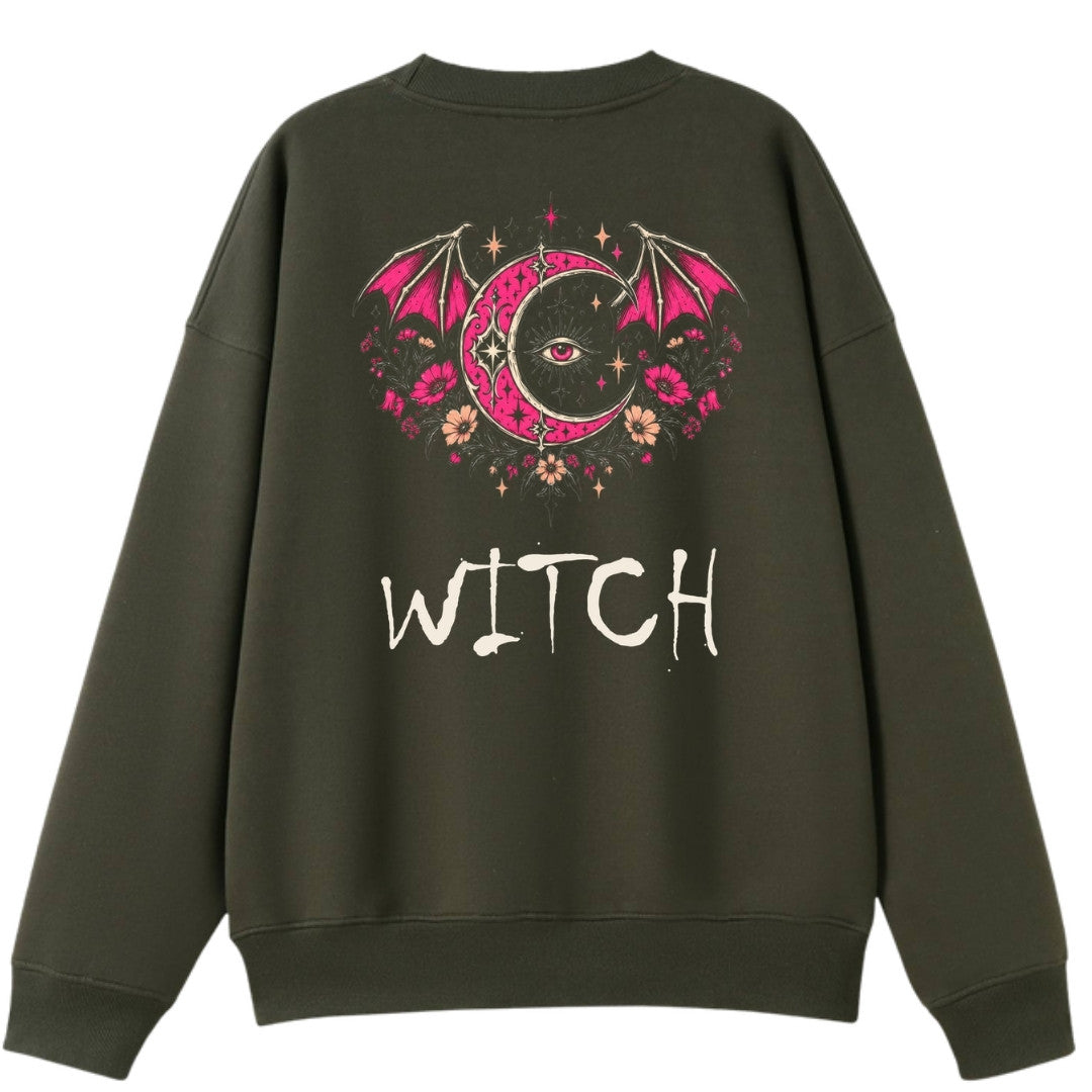 A army green oversized crew neck shown from the back, with the Witch graphic printed large across the back.
