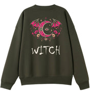 A army green oversized crew neck shown from the back, with the Witch graphic printed large across the back.