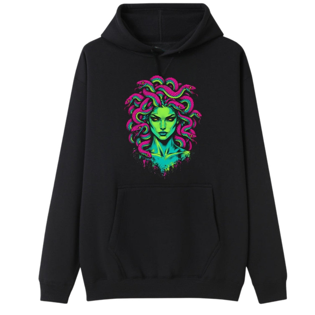 A black oversized hoodie with the Medusa graphic printed large on the front.