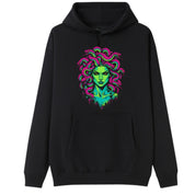 A black oversized hoodie with the Medusa graphic printed large on the front.