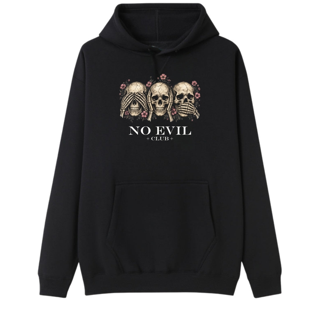 A black oversized hoodie with the No Evil Club graphic printed large on the front.