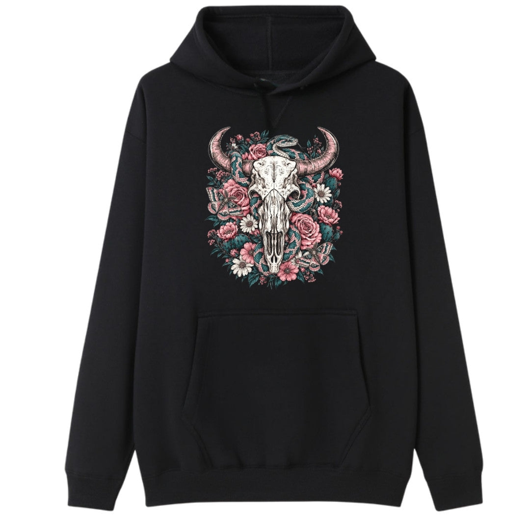 A black oversized hoodie with the Skull Snake And Moths graphic printed large on the front.