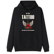 A black oversized hoodie with the Get The Tattoo graphic printed large on the front.