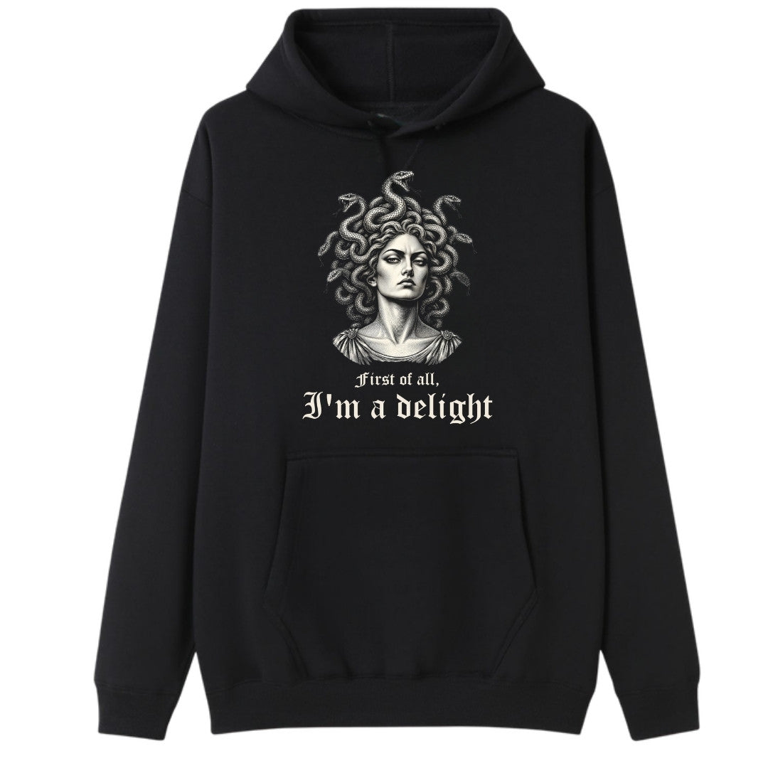 A black oversized hoodie with the First Of All I'm A Delight graphic printed large on the front.
