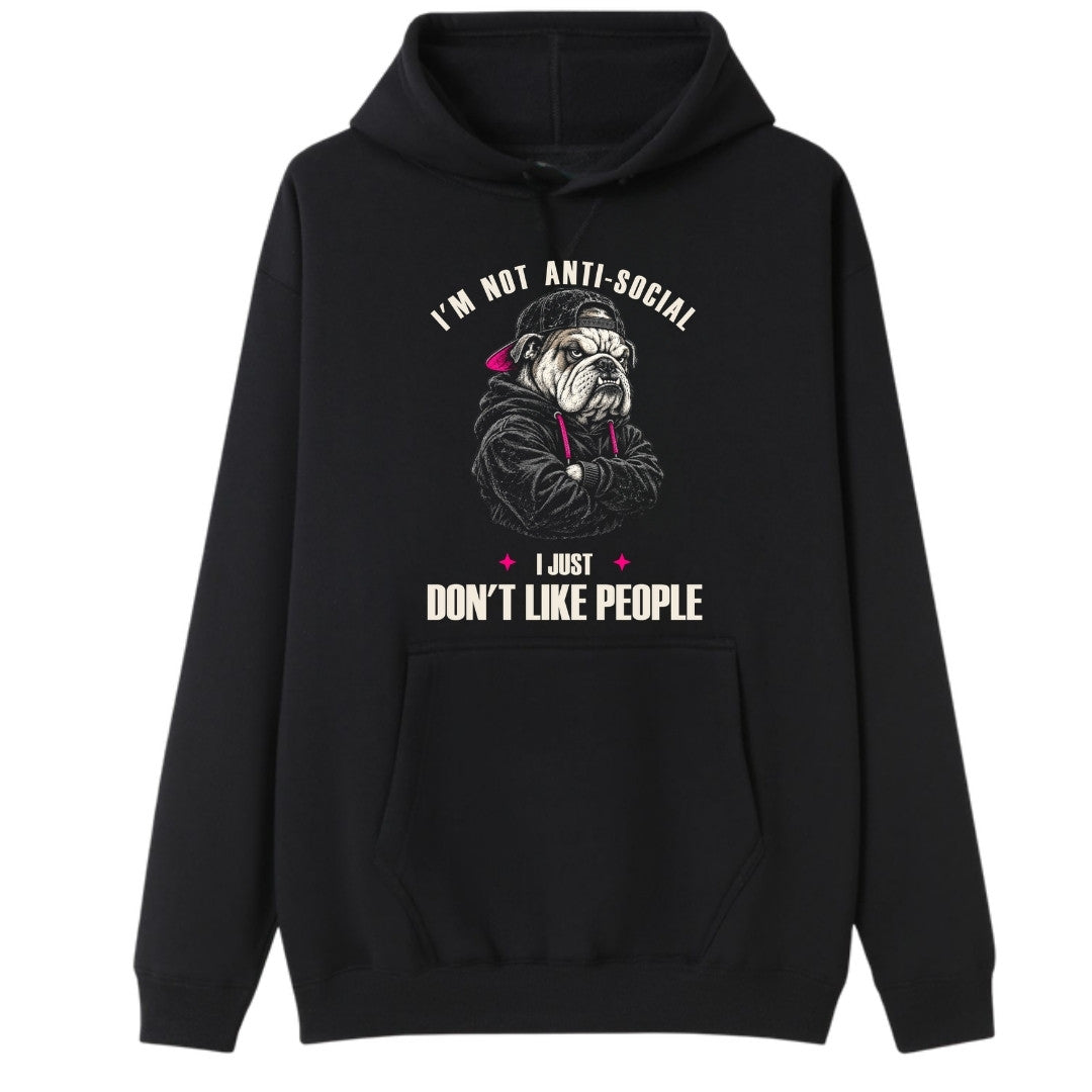 A black oversized hoodie with the I'm Not Anti Social Bulldog graphic printed large on the front.