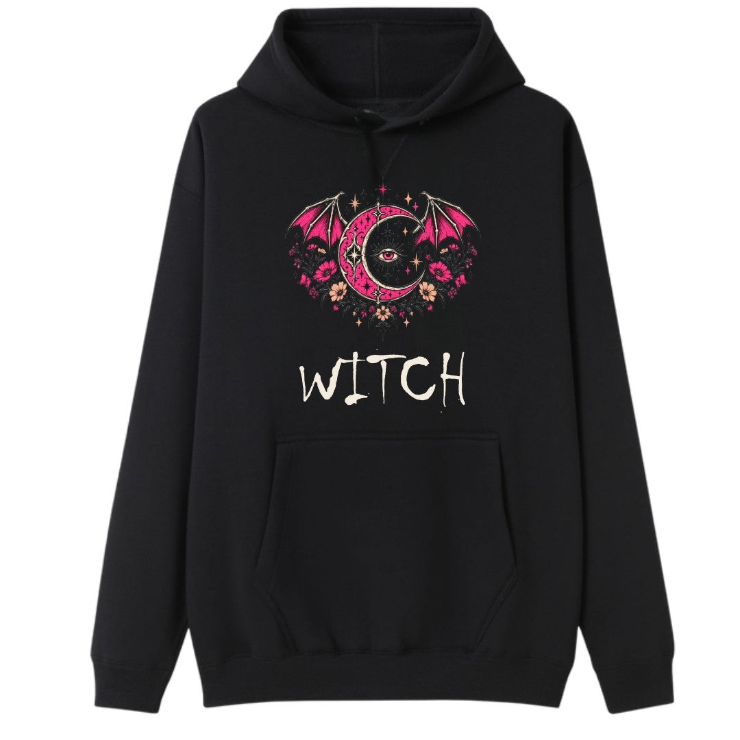 A black oversized hoodie with the Witch graphic printed large on the front.