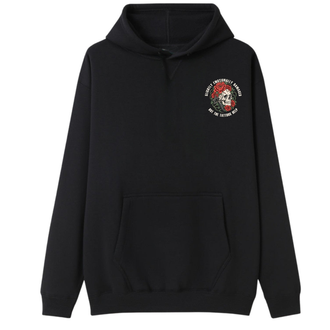 A black oversized hoodie with a small Slightly Emotionally Damaged graphic on the left chest.