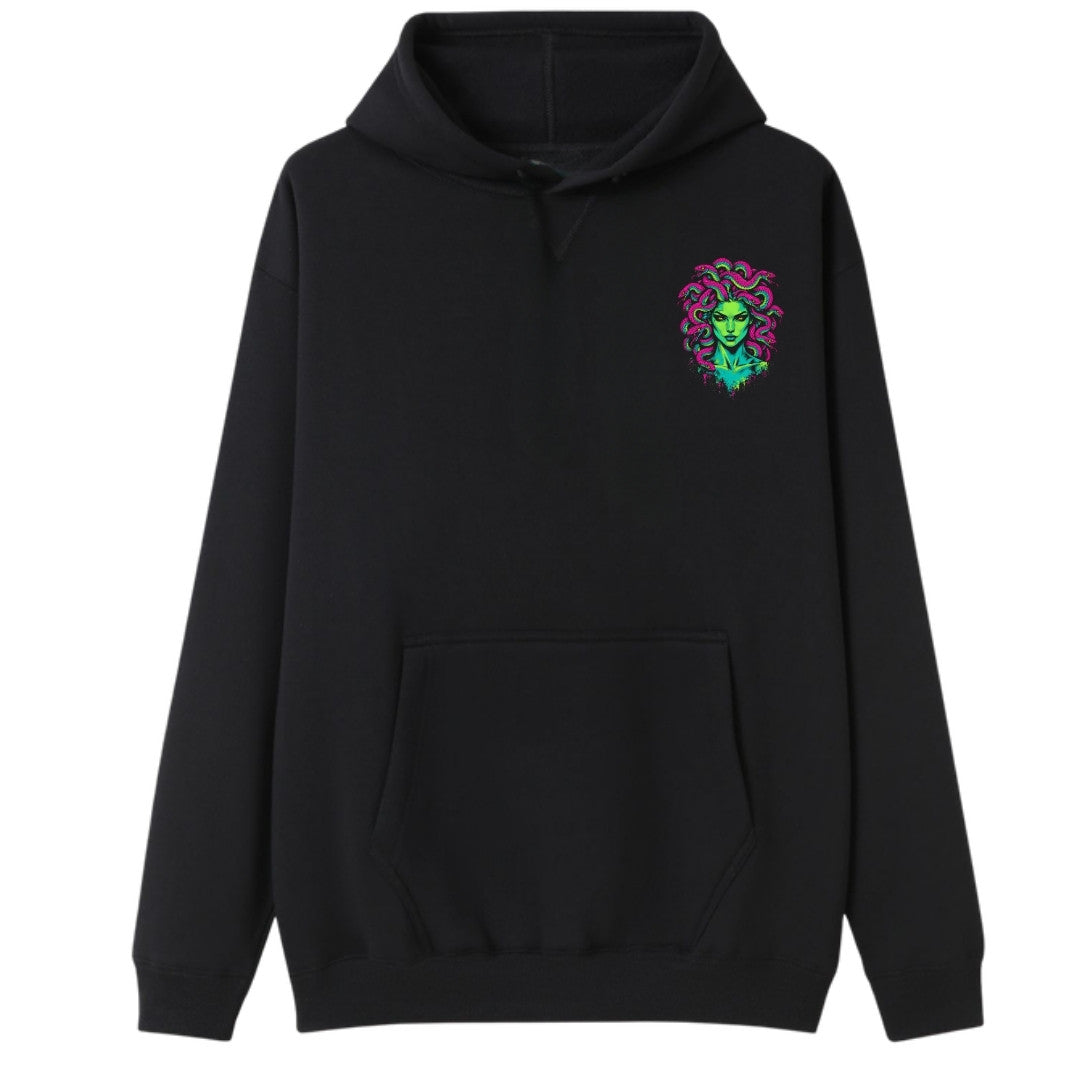 A black oversized hoodie with a small Medusa graphic on the left chest.