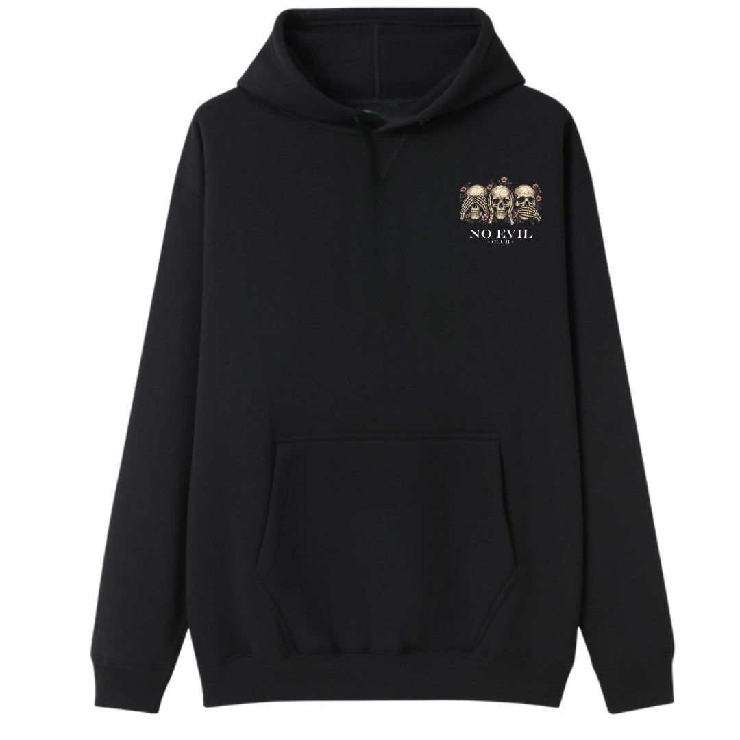 A black oversized hoodie with a small No Evil Club graphic on the left chest.