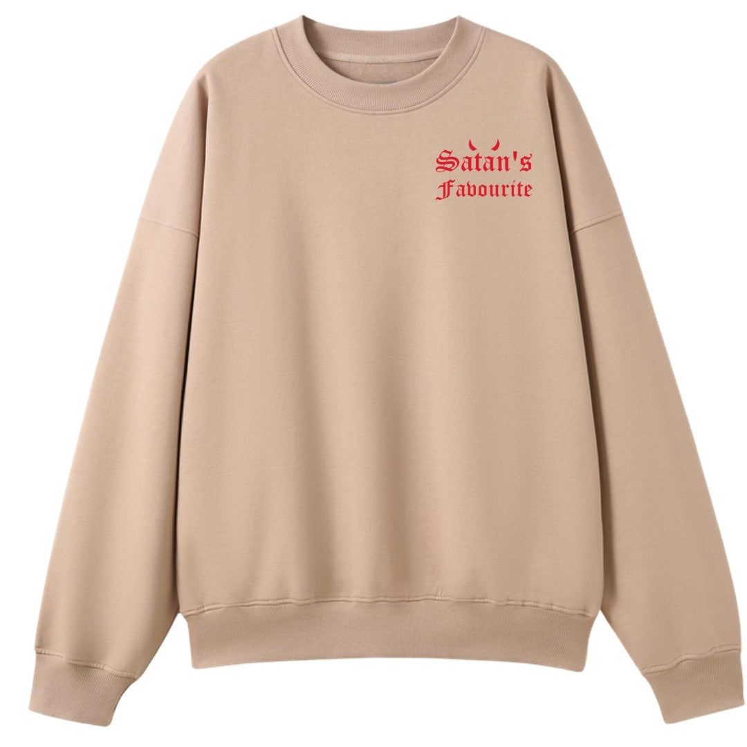A peach oversized crew neck with a small Satan's Favourite graphic on the left chest.