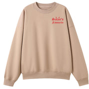 A peach oversized crew neck with a small Satan's Favourite graphic on the left chest.