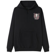 A black oversized hoodie with a small Skull Snake And Moths graphic on the left chest.