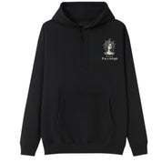 A black oversized hoodie with a small First Of All I'm A Delight graphic on the left chest.