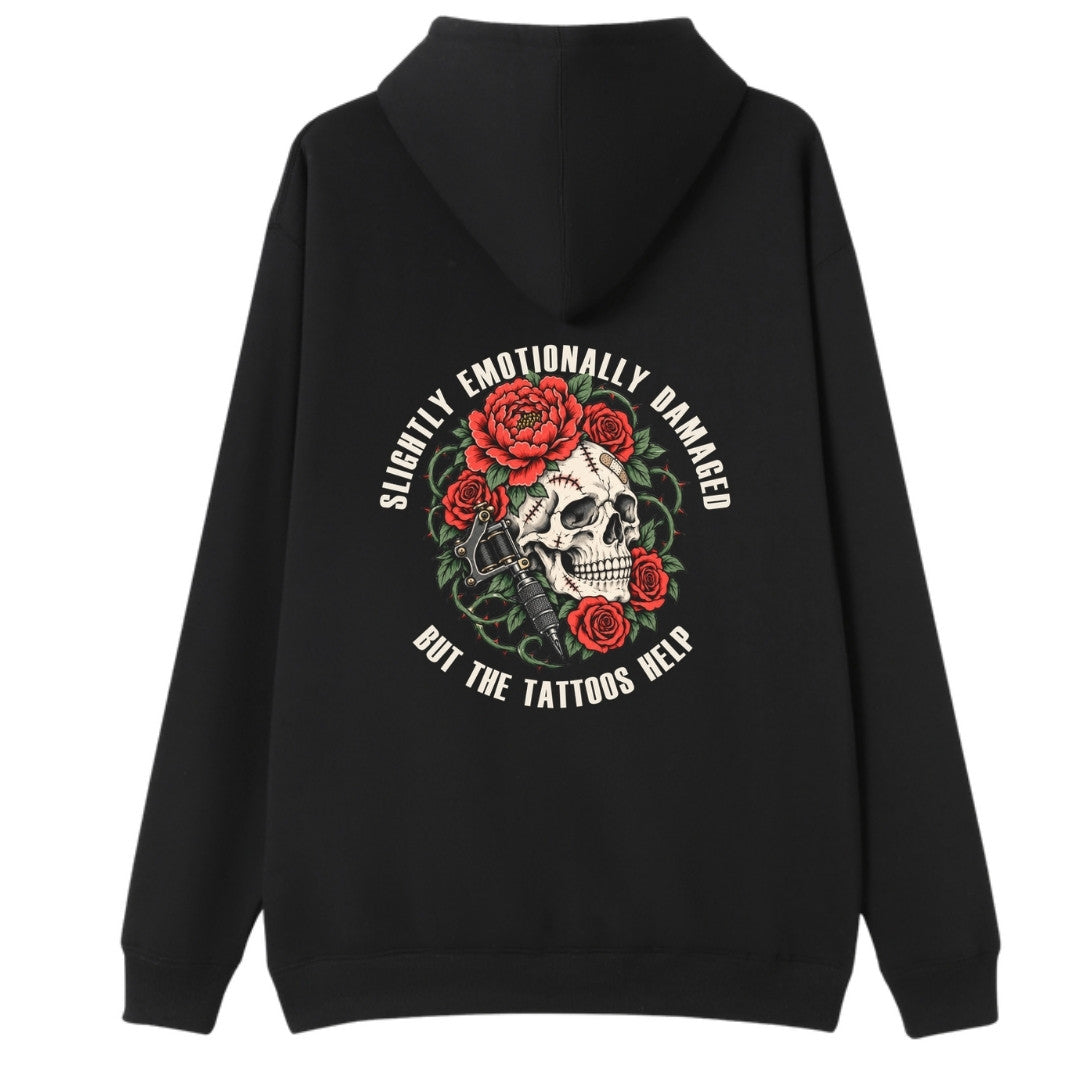 A black oversized hoodie shown from the back, with the Slightly Emotionally Damaged graphic printed large across the back.