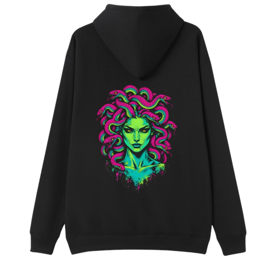 A black oversized hoodie shown from the back, with the Medusa graphic printed large across the back.