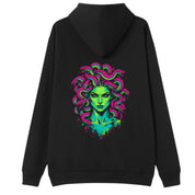 A black oversized hoodie shown from the back, with the Medusa graphic printed large across the back.
