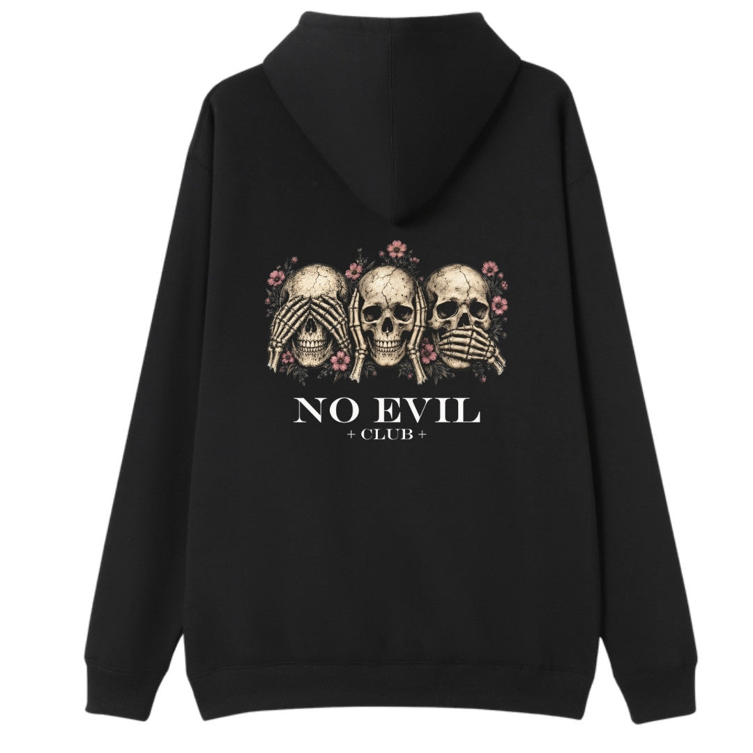 A black oversized hoodie shown from the back, with the No Evil Club graphic printed large across the back.