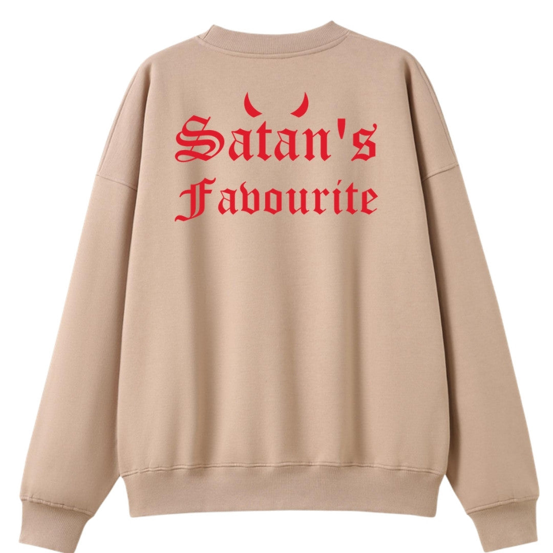 A peach oversized crew neck shown from the back, with the Satan's Favourite graphic printed large across the back.