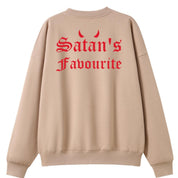 A peach oversized crew neck shown from the back, with the Satan's Favourite graphic printed large across the back.