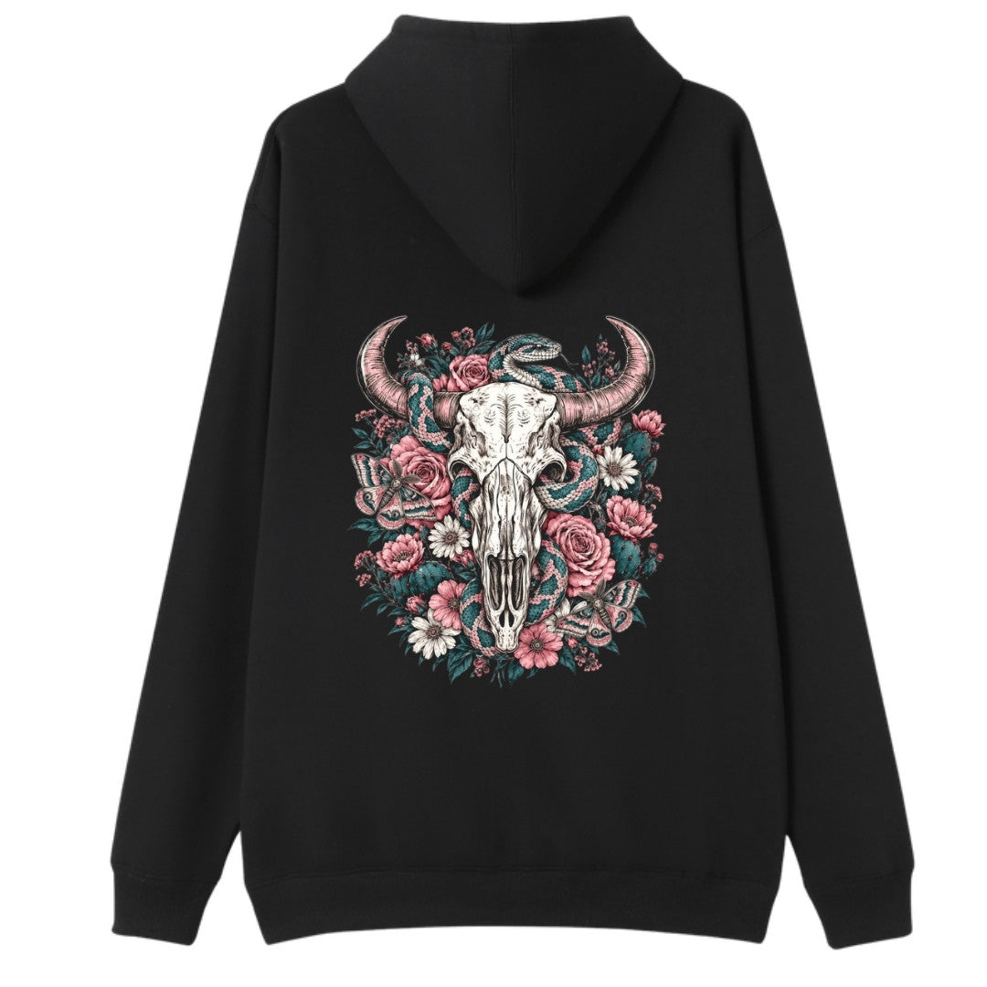 A black oversized hoodie shown from the back, with the Skull Snake And Moths graphic printed large across the back.