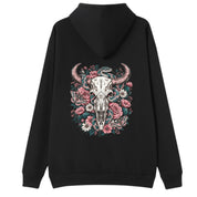 A black oversized hoodie shown from the back, with the Skull Snake And Moths graphic printed large across the back.