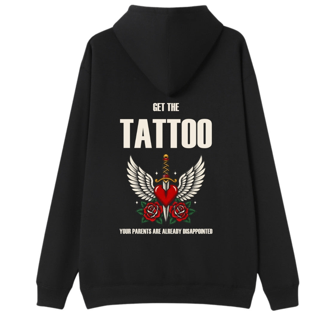 A black oversized hoodie shown from the back, with the Get The Tattoo graphic printed large across the back.