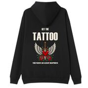 A black oversized hoodie shown from the back, with the Get The Tattoo graphic printed large across the back.