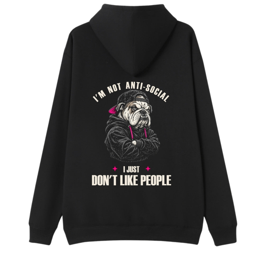A black oversized hoodie shown from the back, with the I'm Not Anti Social Bulldog graphic printed large across the back.