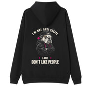 A black oversized hoodie shown from the back, with the I'm Not Anti Social Bulldog graphic printed large across the back.