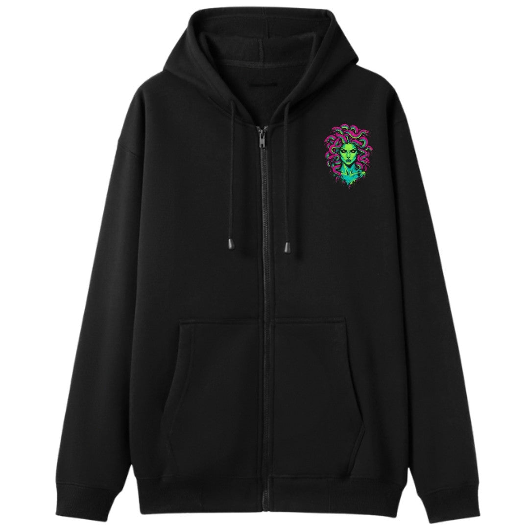 A black oversized zip up hoodie with a small Medusa graphic on the left chest.