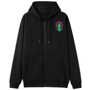 A black oversized zip up hoodie with a small Medusa graphic on the left chest.