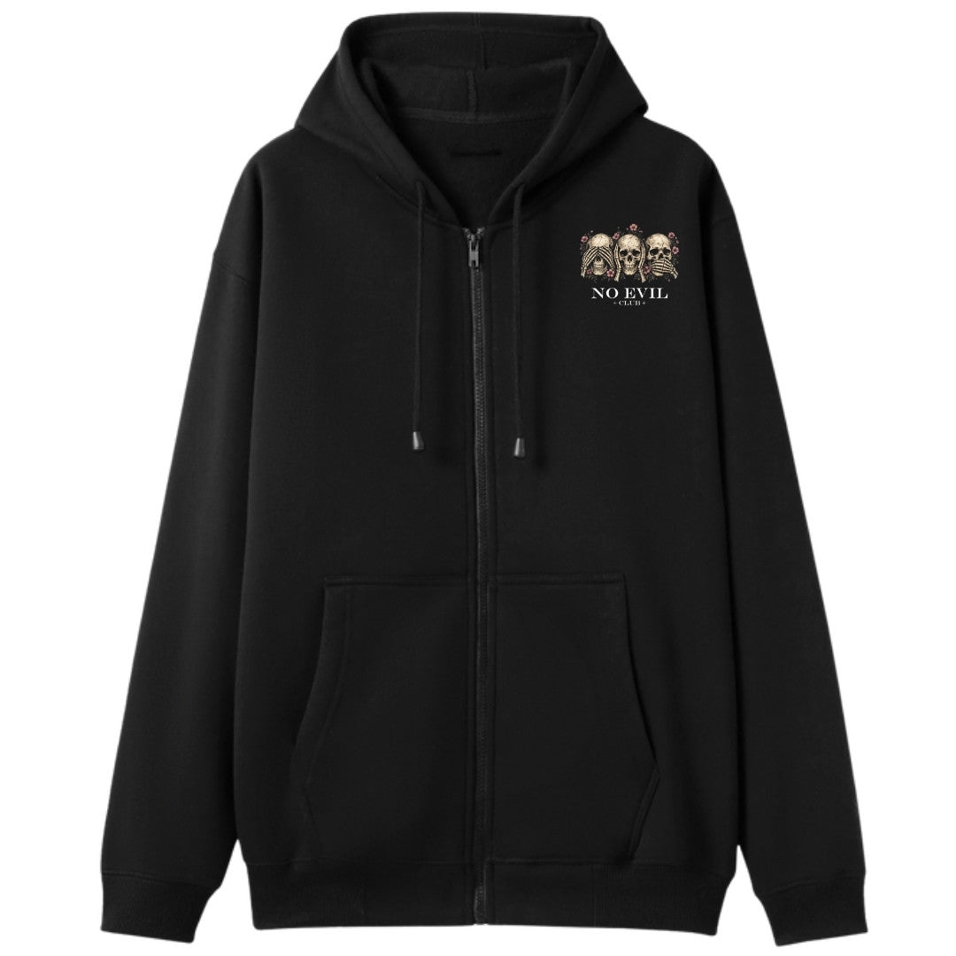 A black oversized zip up hoodie with a small No Evil Club graphic on the left chest.