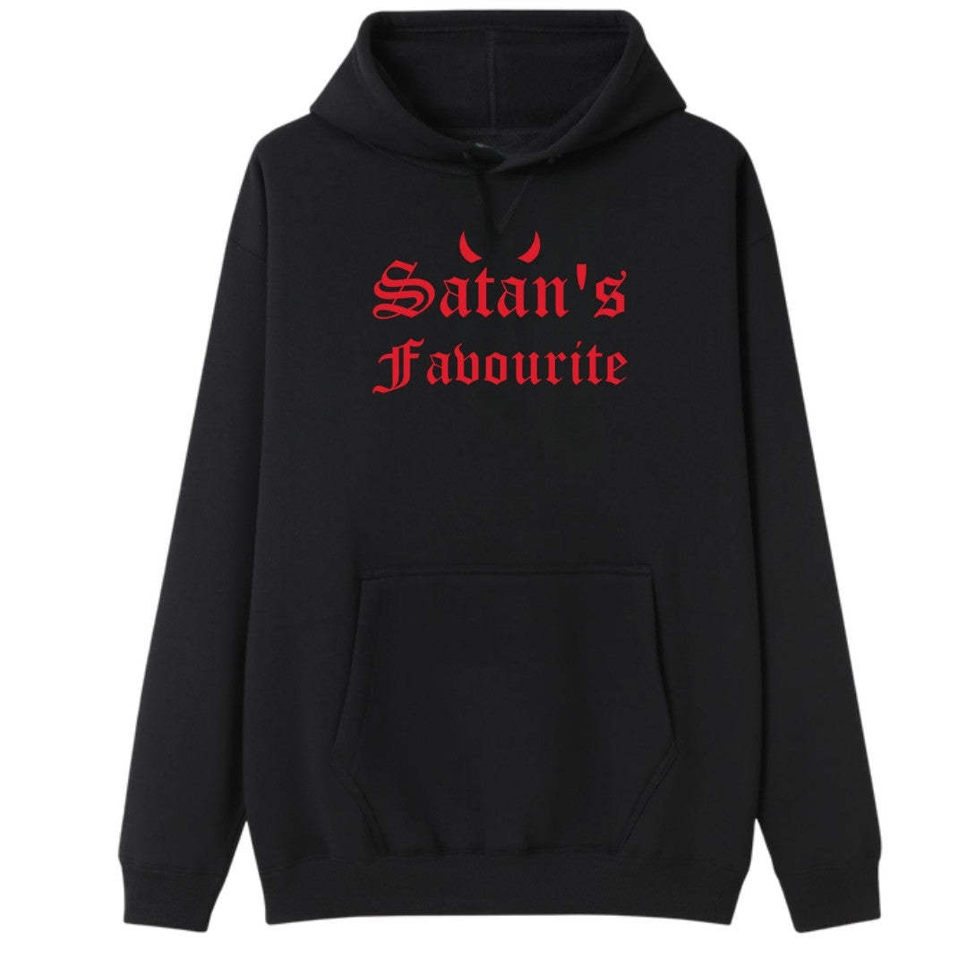 A black oversized hoodie with the Satan's Favourite graphic printed large on the front.