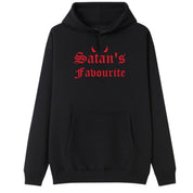 A black oversized hoodie with the Satan's Favourite graphic printed large on the front.