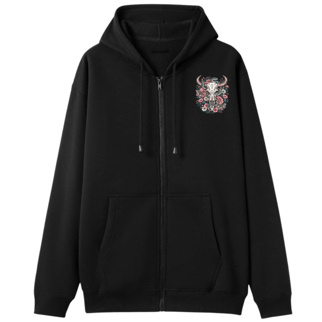 A black oversized zip up hoodie with a small Skull Snake And Moths graphic on the left chest.