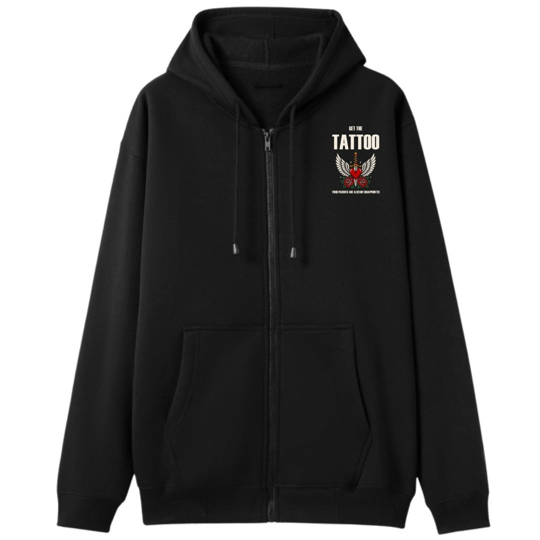 A black oversized zip up hoodie with a small Get The Tattoo graphic on the left chest.