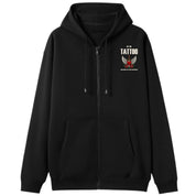 A black oversized zip up hoodie with a small Get The Tattoo graphic on the left chest.