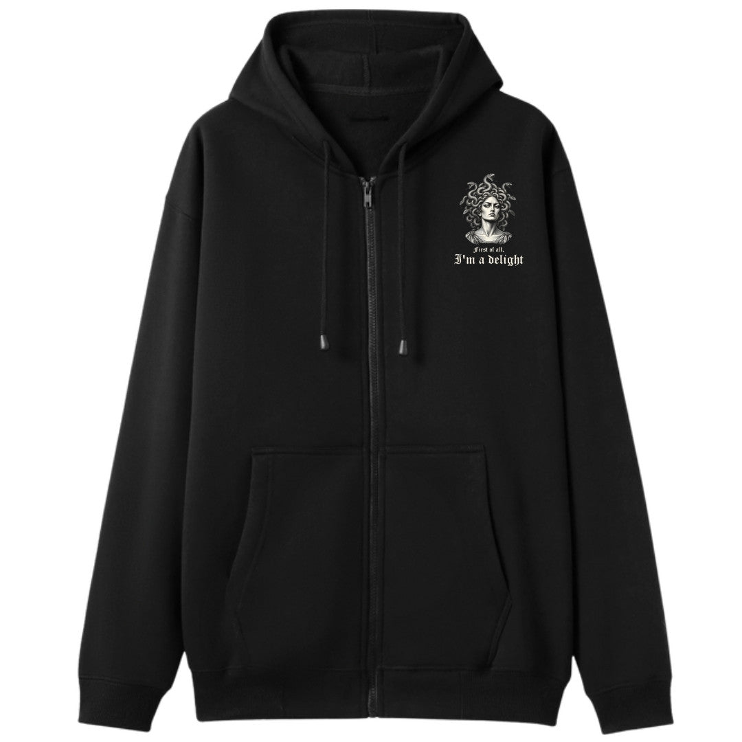 A black oversized zip up hoodie with a small First Of All I'm A Delight graphic on the left chest.