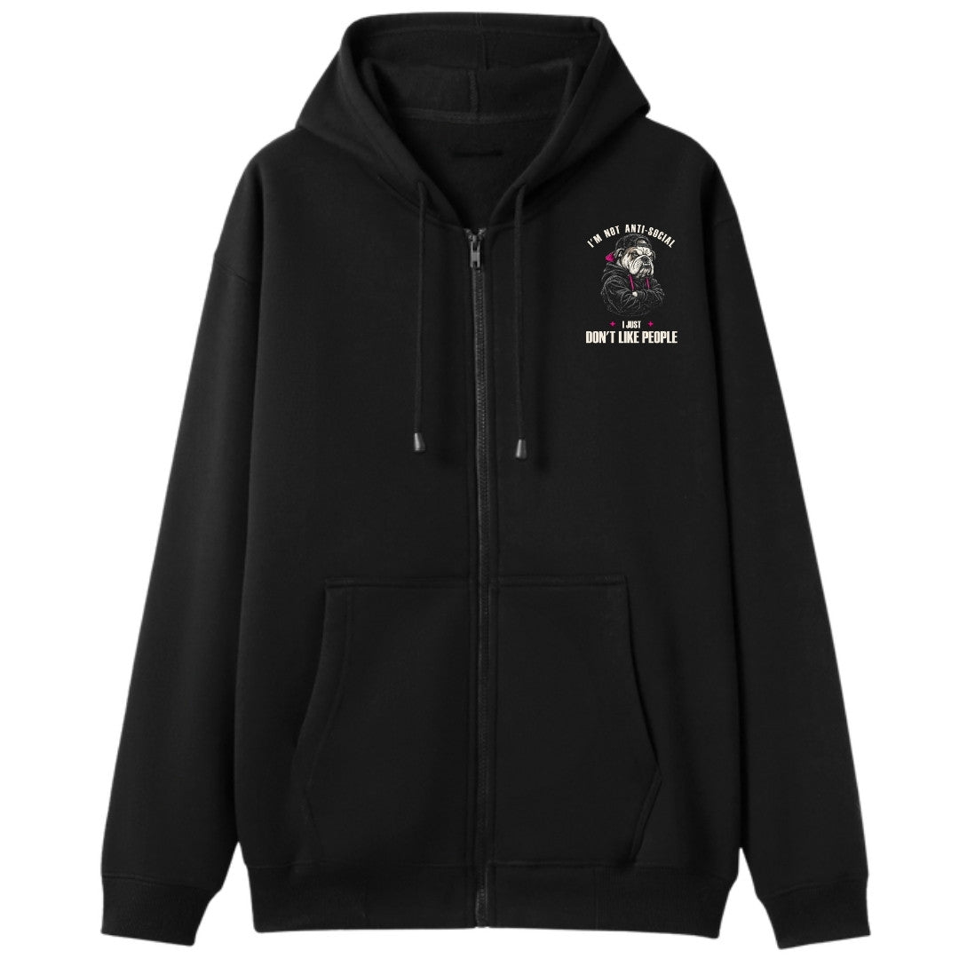 A black oversized zip up hoodie with a small I'm Not Anti Social Bulldog graphic on the left chest.