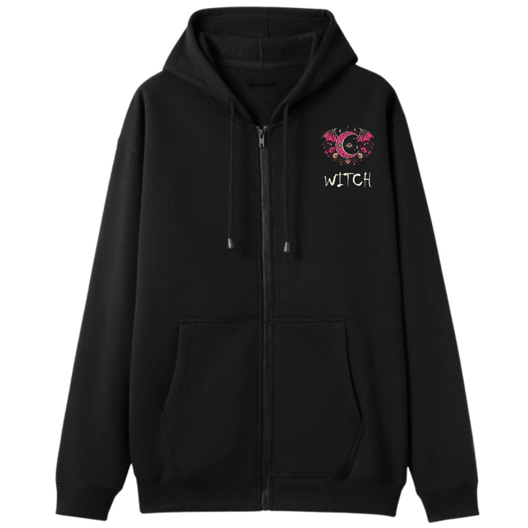 A black oversized zip up hoodie with a small Witch graphic on the left chest.