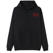 A black oversized hoodie with a small Satan's Favourite graphic on the left chest.