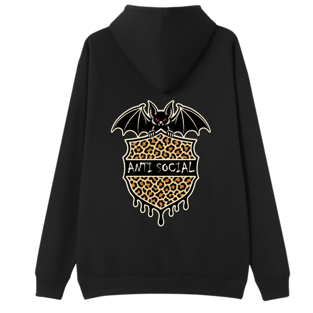 A black oversized hoodie shown from the back, with the Anti Social graphic printed large across the back.