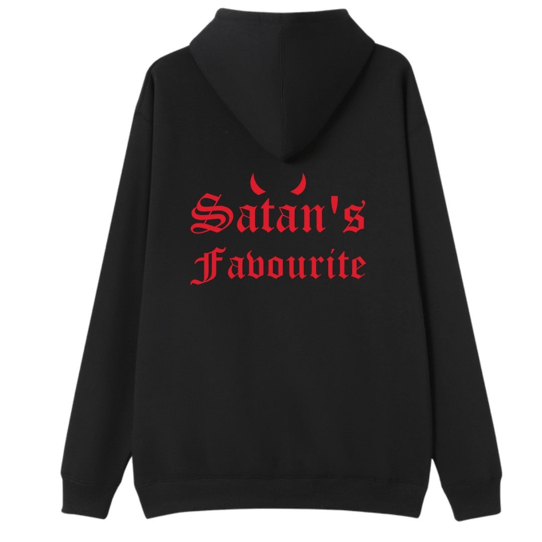 A black oversized hoodie shown from the back, with the Satan's Favourite graphic printed large across the back.