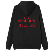 A black oversized hoodie shown from the back, with the Satan's Favourite graphic printed large across the back.