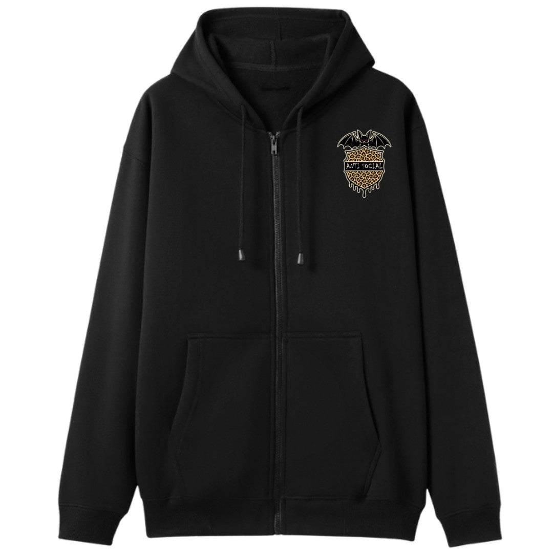A black oversized zip up hoodie with a small Anti Social graphic on the left chest.