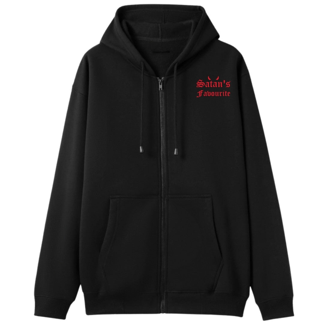 A black oversized zip up hoodie with a small Satan's Favourite graphic on the left chest.