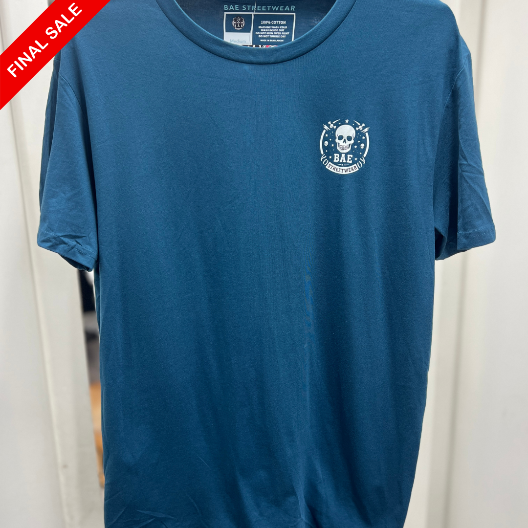 Blue t-shirt with a logo on a white background