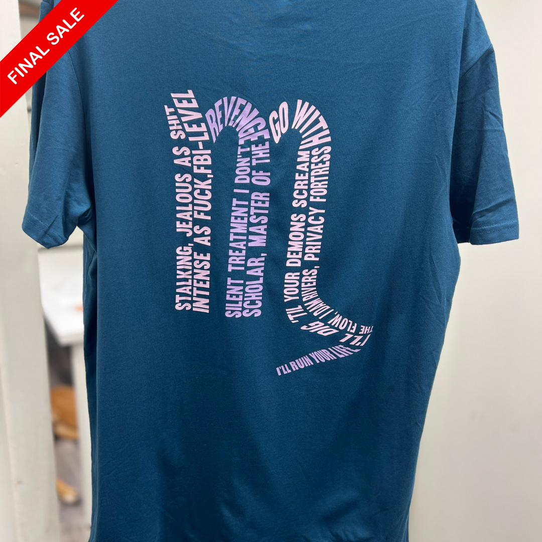 Blue t-shirt with white text design on a plain background