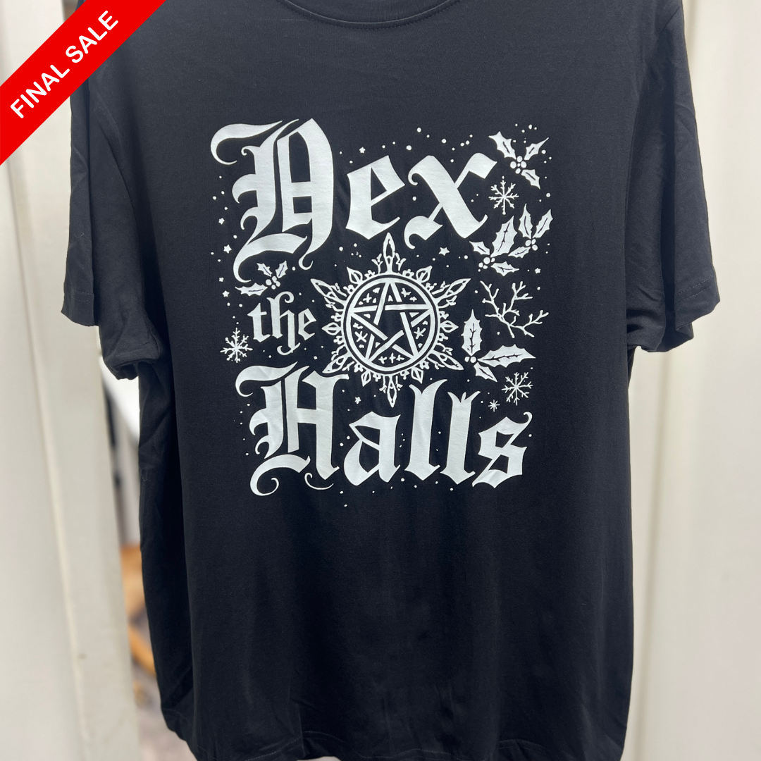 Black t-shirt with 'Dex the Halls' design on a white background
