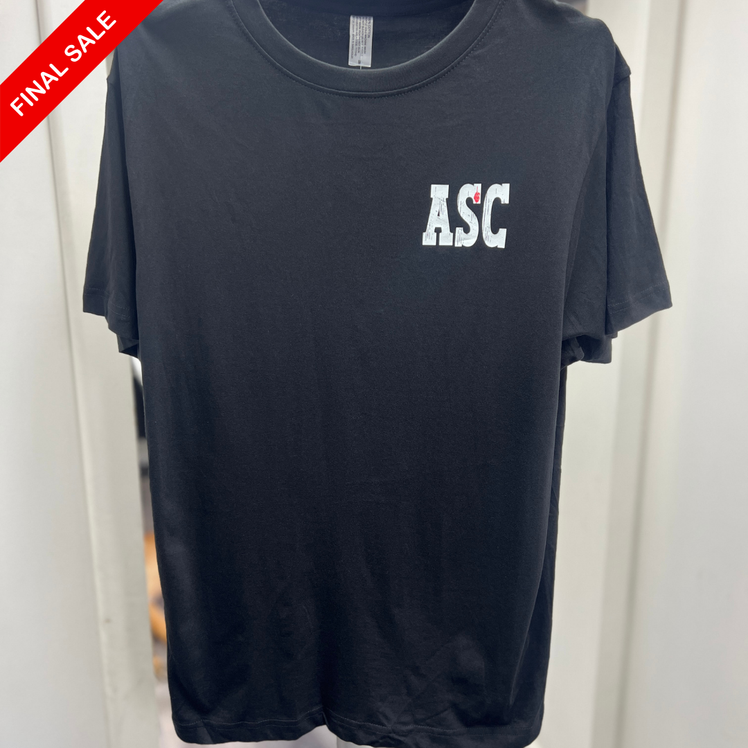 Black t-shirt with 'ASC' logo on a white background